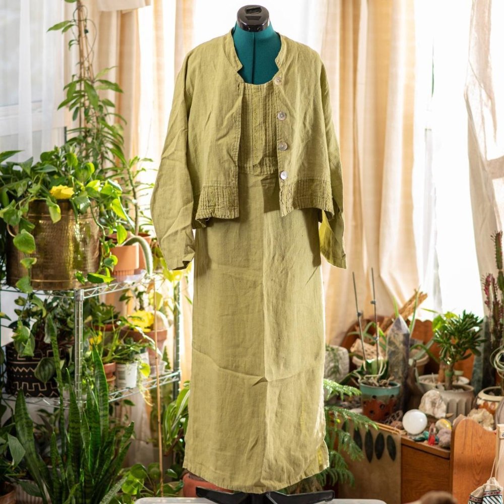 Vintage 90s Dress Jacket Set Linen Green Size 12